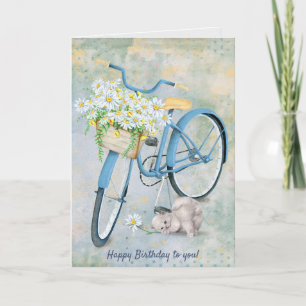 Happy Birthday blue bike met kat en madeliefje Kaart