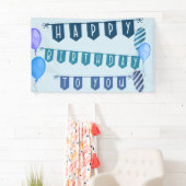 Happy Birthday Blue Bunting en Balloons Spandoek (Insitu)