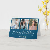 Happy Birthday Blue en White 3 Photo Collage Kaart (Gele Bloem)