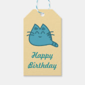 Happy Birthday Blue glimlachend Kitty Cat Cadeaulabel (Voorkant)