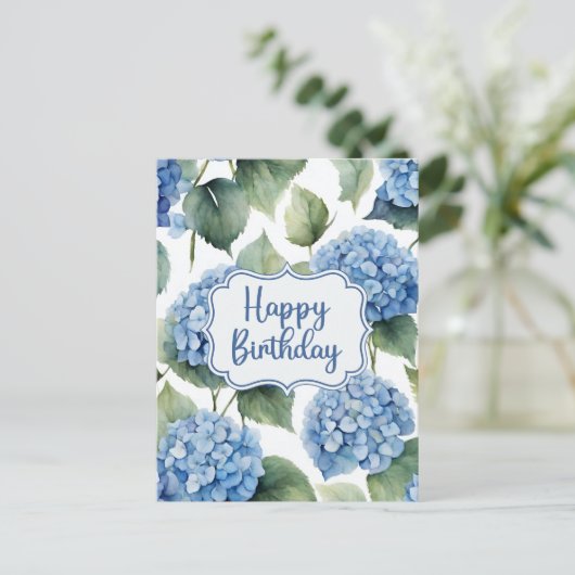 Happy Birthday Blue Hydrangea Flowers Waterverf Briefkaart (Staand voorkant)