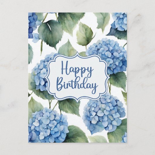 Happy Birthday Blue Hydrangea Flowers Waterverf Briefkaart (Voorkant)