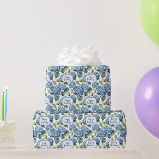 Happy Birthday Blue Hydrangea Flowers Waterverf Cadeaupapier (Feestgeschenken)