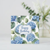 Happy Birthday Blue Hydrangea Flowers Waterverf Kaart (Staand voorkant)