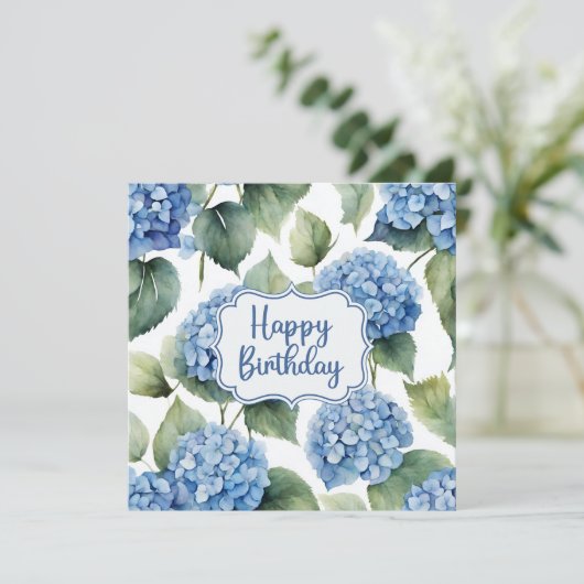 Happy Birthday Blue Hydrangea Flowers Waterverf Kaart (Staand voorkant)