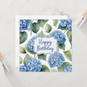 Happy Birthday Blue Hydrangea Flowers Waterverf Kaart (Voorkant / Achterkant in situ)