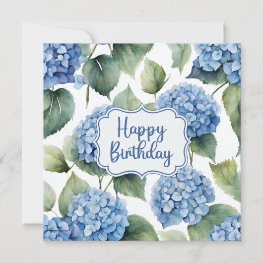 Happy Birthday Blue Hydrangea Flowers Waterverf Kaart (Voorkant)
