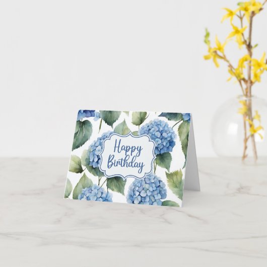 Happy Birthday Blue Hydrangea Flowers Waterverf Kaart (Gele Bloem)
