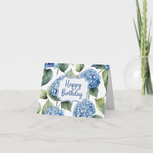 Happy Birthday Blue Hydrangea Flowers Waterverf Kaart (Voorkant)