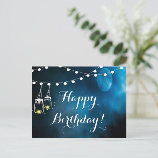 Happy Birthday blue moon light strings mason jars Briefkaart (Staand voorkant)