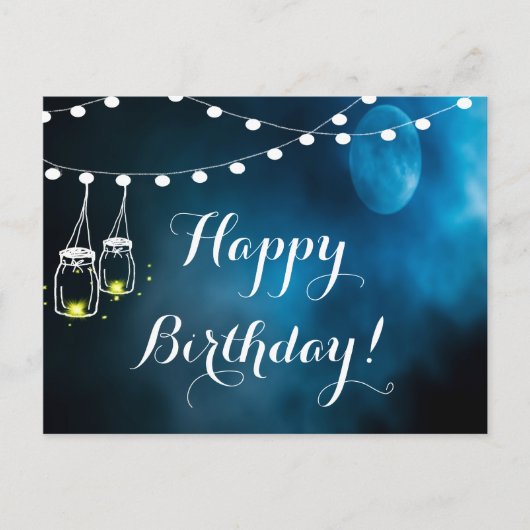 Happy Birthday blue moon light strings mason jars Briefkaart (Voorkant)