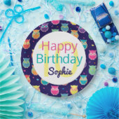 Happy Birthday Blue Owl Pattern Personalized Kinde Papieren Bordje (Feest)