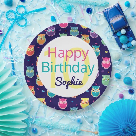 Happy Birthday Blue Owl Pattern Personalized Kinde Papieren Bordje (Feest)