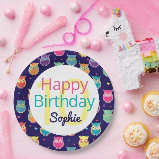 Happy Birthday Blue Owl Pattern Personalized Kinde Papieren Bordje (Feest)