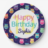 Happy Birthday Blue Owl Pattern Personalized Kinde Papieren Bordje (Voorkant)