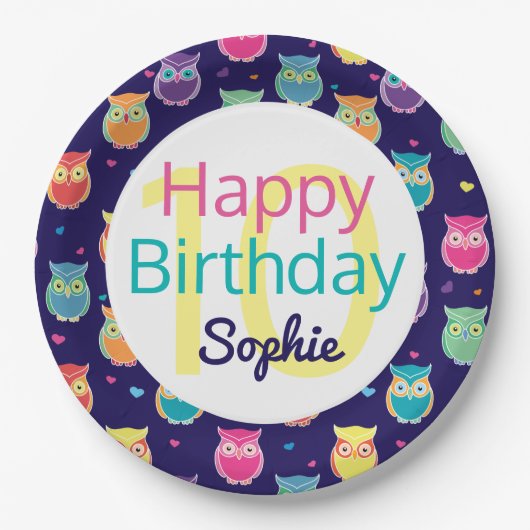 Happy Birthday Blue Owl Pattern Personalized Kinde Papieren Bordje (Voorkant)