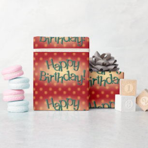Happy Birthday Blue Polka Dot Text Red Bkgrd Cadeaupapier