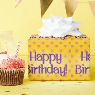 Happy Birthday Blue Polka Dot Text Yellow Bkgrd Cadeaupapier
