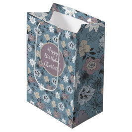 Happy Birthday Blue Roos Floral Pattern Stylish Medium Cadeauzakje