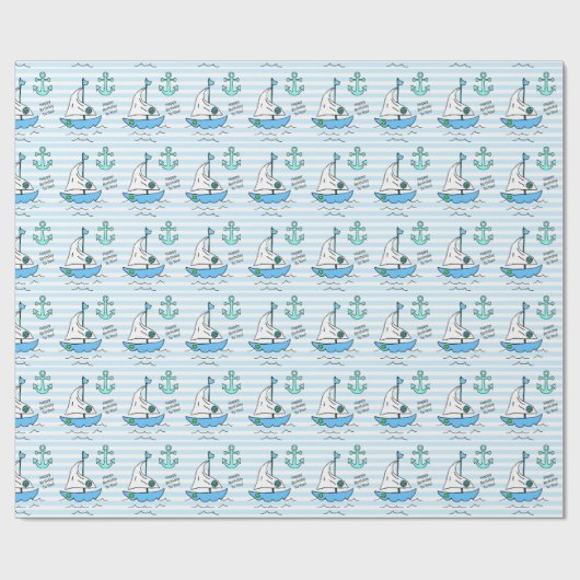 Happy Birthday Blue Sailboat Cadeaupapier (Vlak)