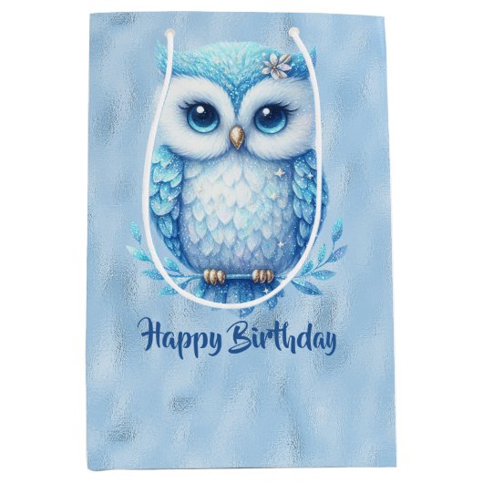 Happy Birthday Blue Uil op blauw Medium Cadeauzakje (Voorkant)
