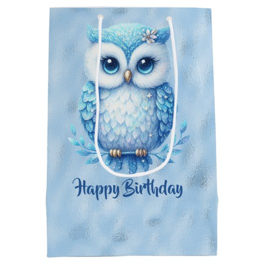 Happy Birthday Blue Uil op blauw Medium Cadeauzakje (Achterkant)