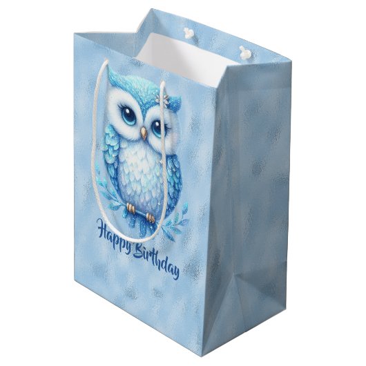 Happy Birthday Blue Uil op blauw Medium Cadeauzakje (Achterkant Gekanteld)