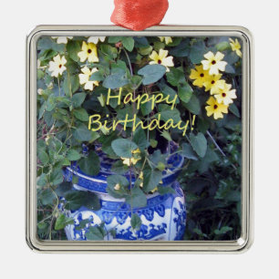 Happy Birthday Blue Yellow vine blue willow Metalen Ornament