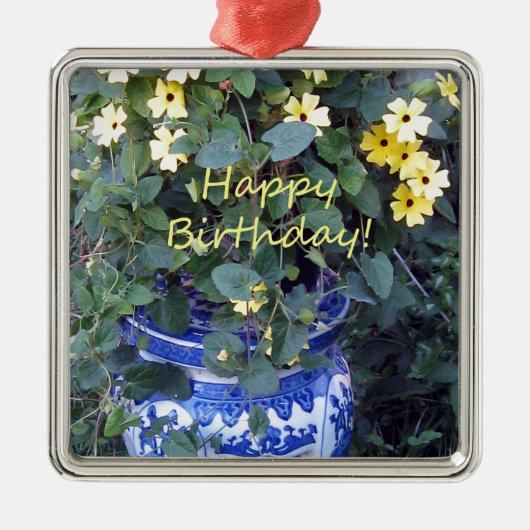 Happy Birthday Blue Yellow vine blue willow Metalen Ornament (Voorkant)