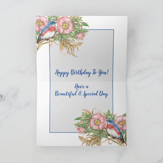 Happy Birthday Bluebird Waterverf Floral Kaart (Binnen)