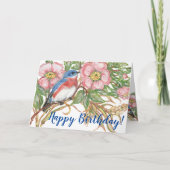 Happy Birthday Bluebird Waterverf Floral Kaart (Voorkant)
