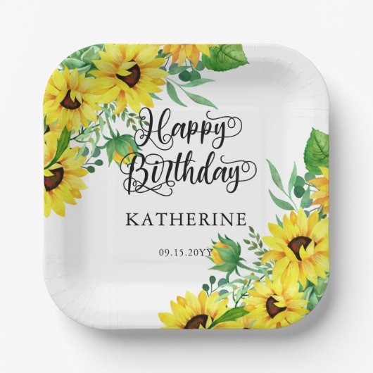 Happy Birthday Boho Sunflower | Eucalyptus Papieren Bordje (Voorkant)