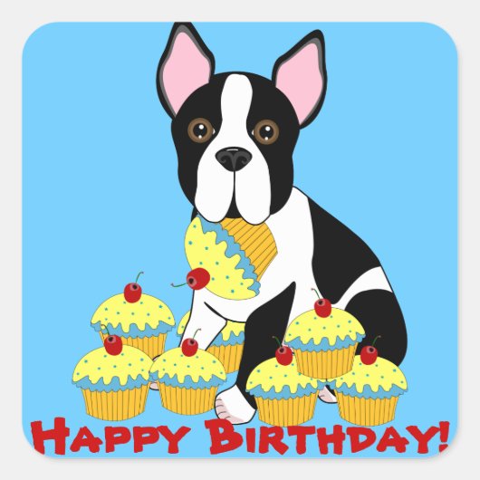 Happy Birthday Boston Terrier Cupcakes Stickers (Voorkant)