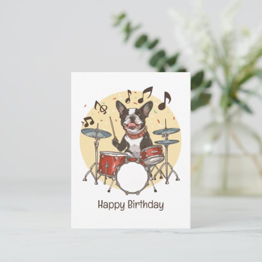 Happy Birthday Boston Terrier Dog Playing Drums Briefkaart (Staand voorkant)