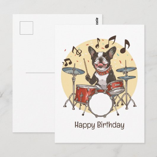 Happy Birthday Boston Terrier Dog Playing Drums Briefkaart (Voorkant / Achterkant)