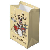 Happy Birthday Boston Terrier Dog Playing Drums Medium Cadeauzakje (Voorkant Gekanteld)