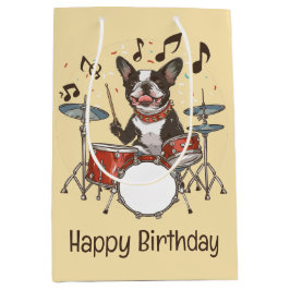 Happy Birthday Boston Terrier Dog Playing Drums Medium Cadeauzakje
