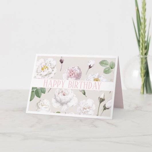 HAPPY BIRTHDAY BOTANICAL WHITE ROSES WENSKAART KAART (Voorkant)