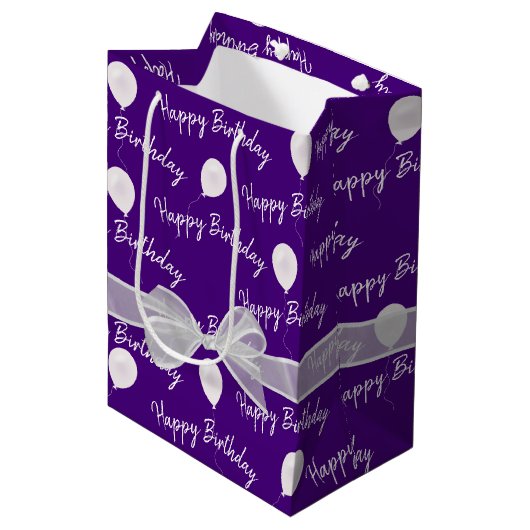 Happy Birthday Bow en Balloons Medium Cadeauzakje (Voorkant Gekanteld)