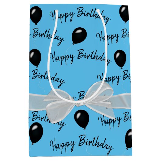 Happy Birthday Bow en Black Balloons Medium Cadeauzakje (Voorkant)