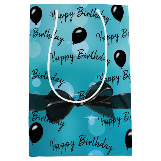 Happy Birthday Bow en Black Balloons Medium Cadeauzakje (Voorkant)