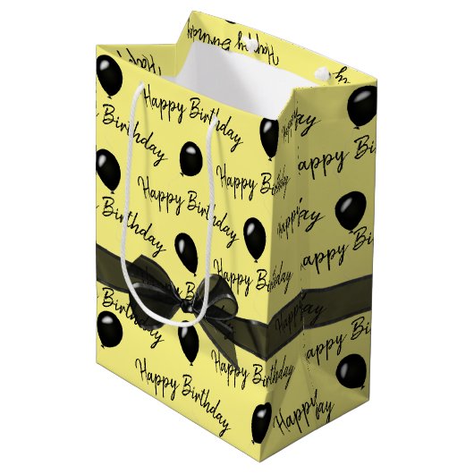 Happy Birthday Bow en Black Balloons Medium Cadeauzakje (Voorkant Gekanteld)