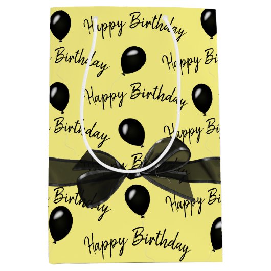 Happy Birthday Bow en Black Balloons Medium Cadeauzakje (Voorkant)