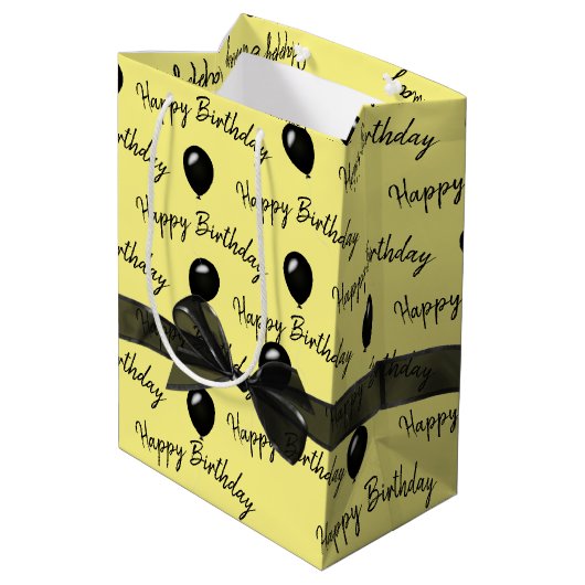 Happy Birthday Bow en Black Balloons Medium Cadeauzakje (Achterkant Gekanteld)