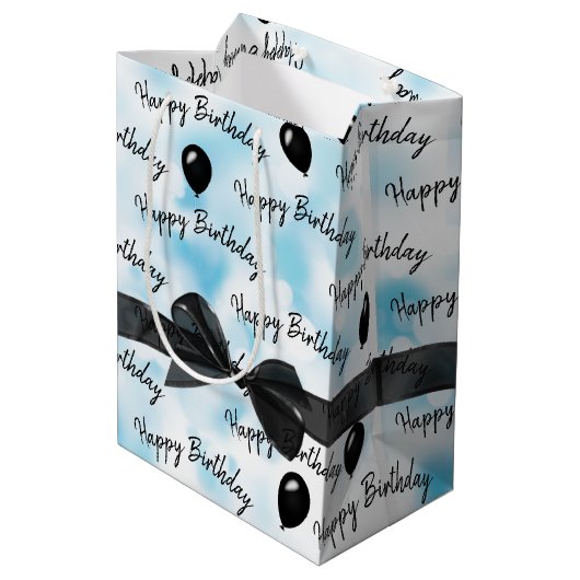 Happy Birthday Bow en Black Balloons Medium Cadeauzakje (Achterkant Gekanteld)