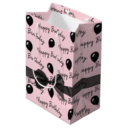 Happy Birthday Bow en Black Balloons Medium Cadeauzakje (Voorkant Gekanteld)
