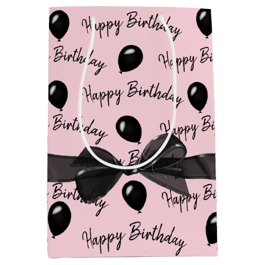 Happy Birthday Bow en Black Balloons Medium Cadeauzakje (Voorkant)