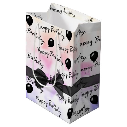Happy Birthday Bow en Black Balloons Medium Cadeauzakje (Voorkant Gekanteld)