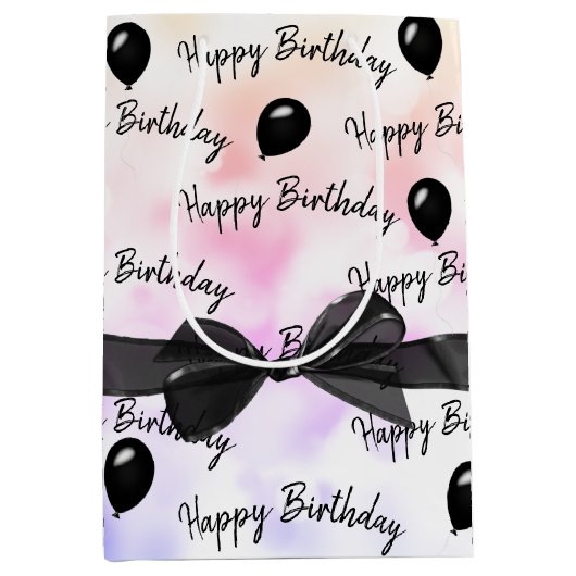 Happy Birthday Bow en Black Balloons Medium Cadeauzakje (Voorkant)