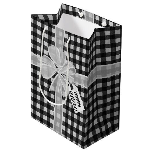 Happy Birthday Bow op Gingham Medium Cadeauzakje (Voorkant Gekanteld)